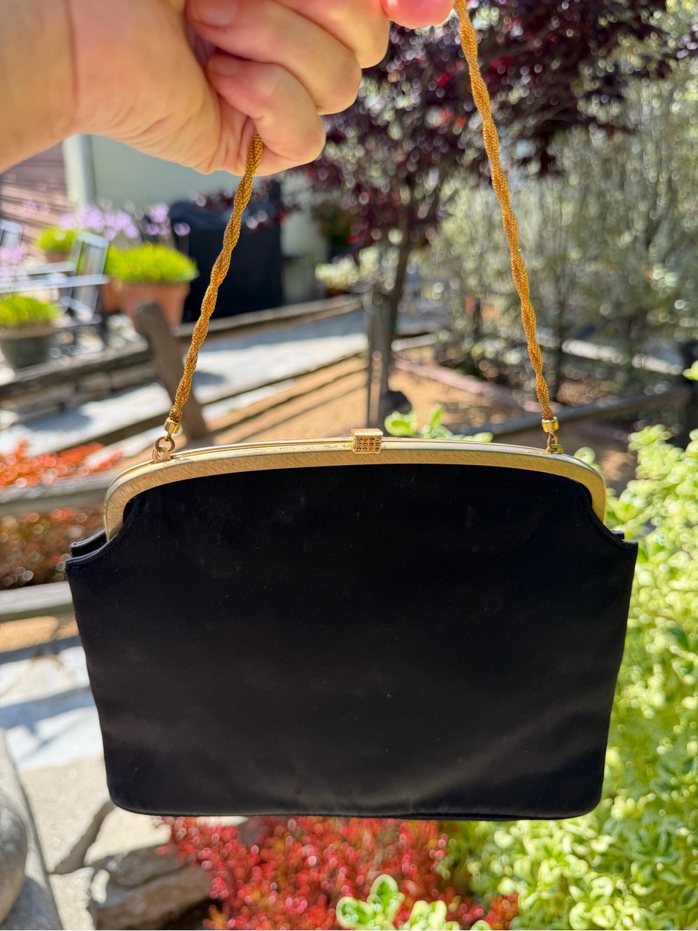 Saks Fifth Avenue Black Satin Clutch with Gold Frame